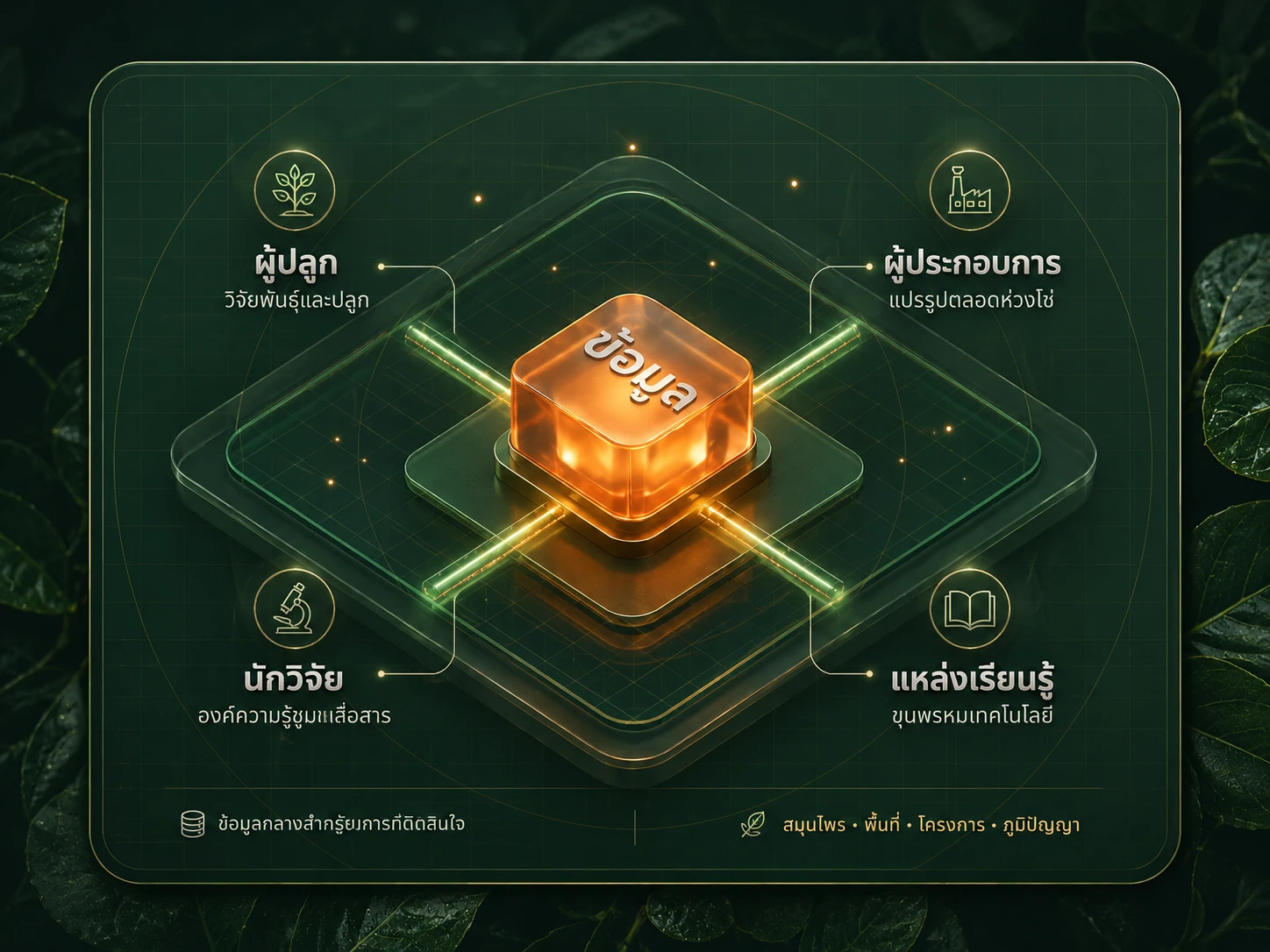 แผนภาพระบบนิเวศข้อมูลสมุนไพร เชื่อมผู้ปลูก ผู้ประกอบการ นักวิจัย และแหล่งเรียนรู้เข้ากับข้อมูลกลางสำหรับการตัดสินใจ